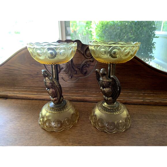RARE Vintage Mid Century EAGLE Depression Glass & BRASS Candlesticks AMERICANA - Picture 7 of 14